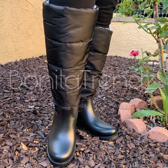Black Nylon and PVC Sherpa Rain Boots - Picture 6 of 6